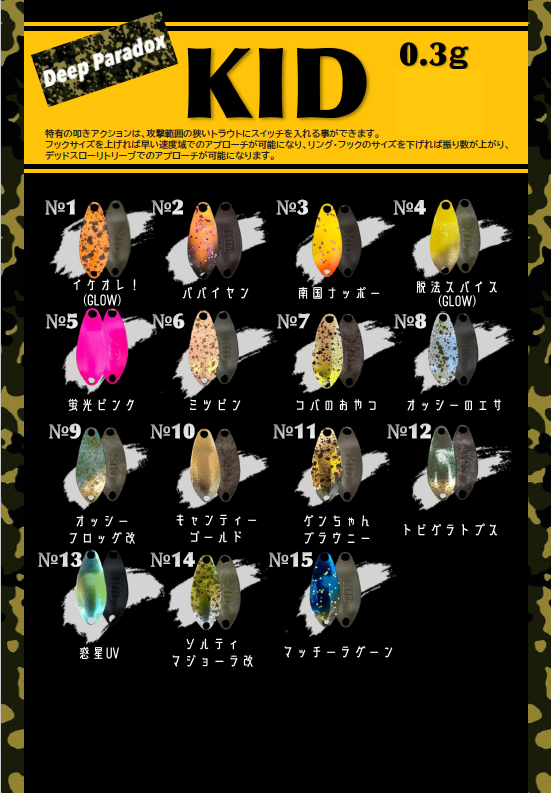 キッド0.3g全15色各1個 計15個ちょっとお買い得セット☆表層攻略の超 キッド0.3g全15色各1個 計15個ちょっとお買い得セット☆表層攻略の超